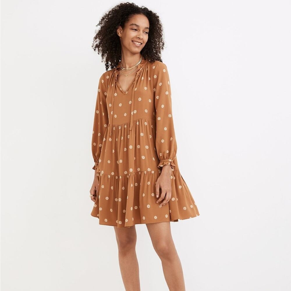 Madewell warm hickory bloom dot tie neck tiered mini dress size‎ medium